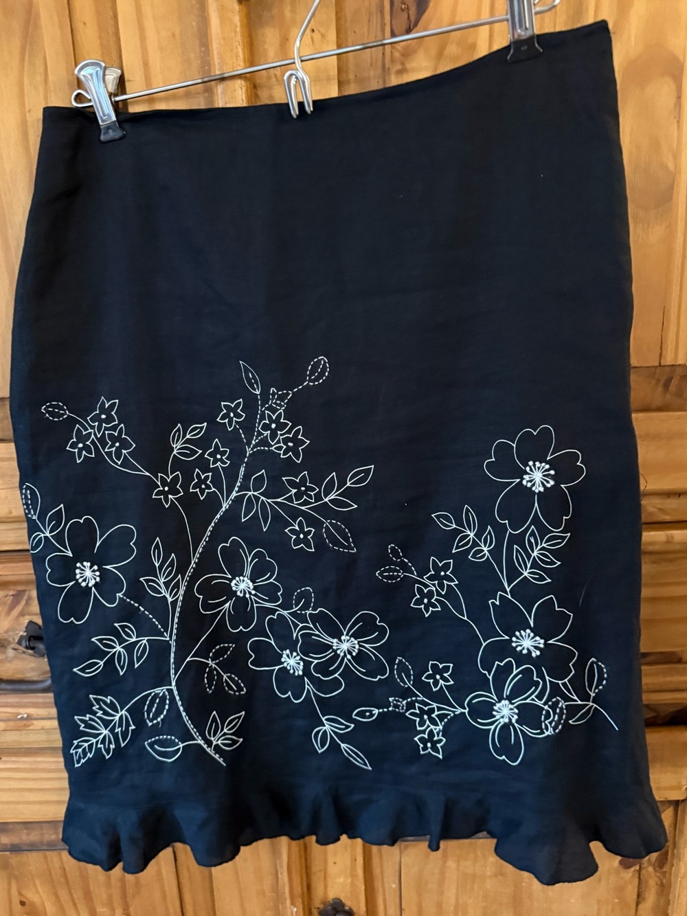 mercer & madison Black Midi Skirt with White Floral Embroidery